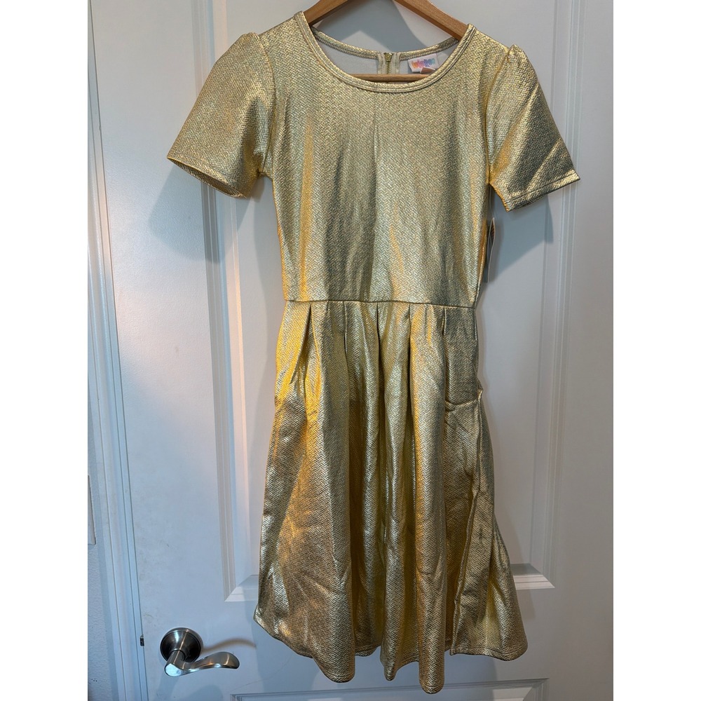 LuLaRoe Amelia Dress XS Gold Metallic Textured Short Sleeve Fit Flare Party NWT